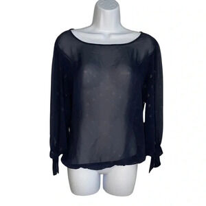 Bobeau Sheer Blouse with Light Gold Polka Dots | Navy BlueTop with Tie Sleeves